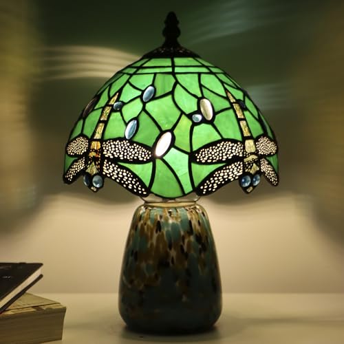 Tiffany Mushroom Table Lamp Dragonfly Style Green Stained Glass Accent Lamp Brown Blue Glass Base 8X8X12 Inch