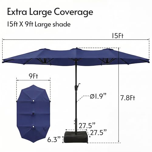 15ft Double Sided Patio Umbrella with Solar Lights and Base Included