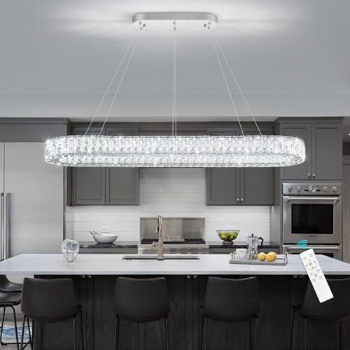 Modern Oval Chandelier Rectangular K9 Crystal Chandeliers for Dining Room Dimmable LED Light Fixture with Remote for Living Room Kitchen Light Silver
