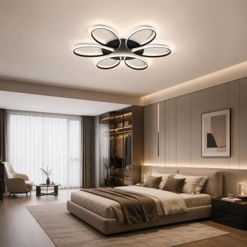 Modern LED Ceiling Light Fixture Black Flush Mount Ceiling Lamp with Remote Control Dimmable 6 Rings Flower Shaped Ideal for Living Room Bedroom Tearoom Kitchen