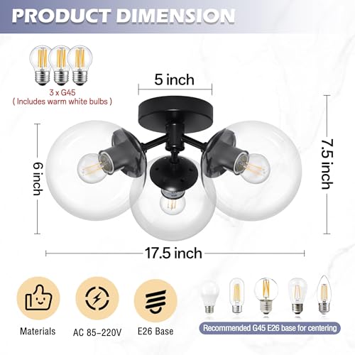 3 Light Modern Black Semi Flush Mount Ceiling Light Clear Glass Globe Ceiling Lights Mid Century Black Chandelier 3 Light Sputnik Ceilings Lights Fixture for Bedroom Hallway Entryway