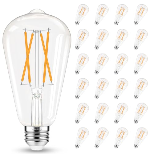 E26 Bulb, Non-Dimmable Edison Bulbs 60 watt LED Equivalent, 2700K Warm White, ST58 Vintage Light Bulbs, 90+ CRI, 6W 600LM, E26 Medium Base, Clear Glass, 24 Pack (24 Count)