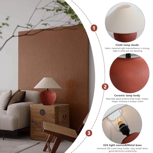 Farmhouse Table Lamp Red 18.8" Ceramic Table Lamp Southwestern Natural Red Clay Pot Lampbody with Beige Linen Shade Nightstand Lamp for Bedroom Living Room Entryway