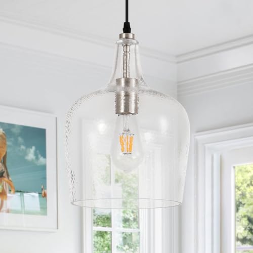Large Hammered Glass Pendant Light Modern Brushed Nicklel 1 Light Single Dome Pendant Lighting Fixtures for Kitchen Island Dining Room Hallway
