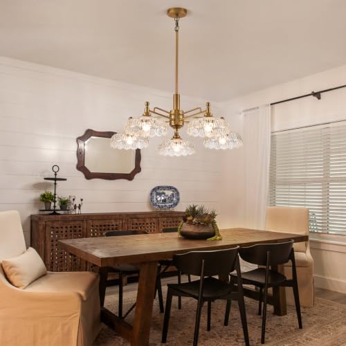Chandelier Pendant Lights Fixture Vintage Pendant Lighting Fixtures 5 Lights Brass Chandelier E26 Base Clear Glass Hanging Lamp for Kitchen Island Dining Room Living Room
