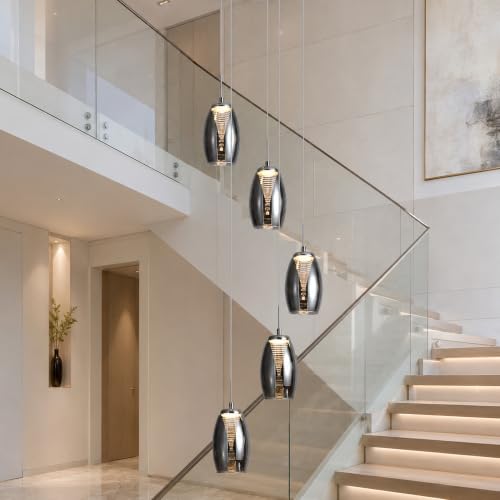 Modern 5 Light LED Staircase Chandelier with Smoke Gray Glass