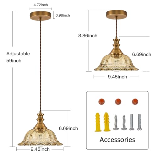 Glass Pendant Lights Modern Pendant Lighting Fixtures Hanging Lamp for Kitchen Island Bedroom Dining Room Coffee Shop Hallway Amber and Brass 2 Pack (2 Count)