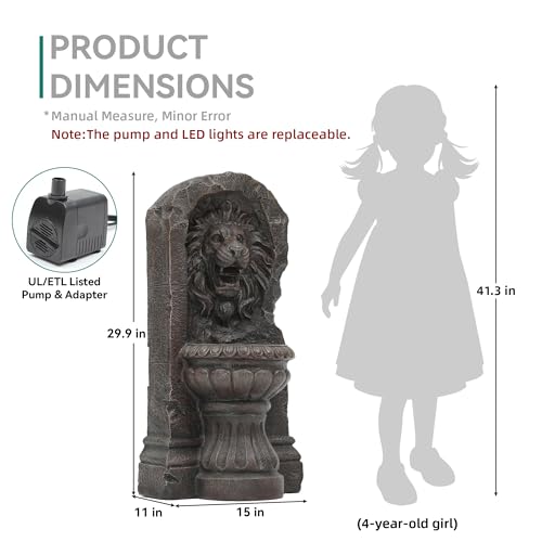 30" Outdoor Fountain LED Stone Cascading Waterfall with Lion Head