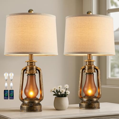 25" Set of 2 Rustic Lantern Table Lamps for Living Room Bedroom (2 Count)