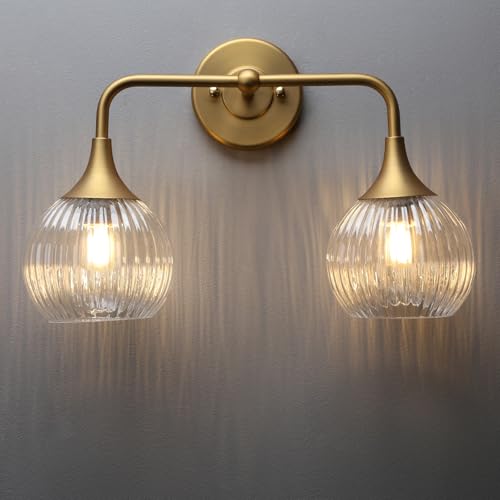 Wall Sconce Vintage Vanity Light Antique 2 Lights Sconce with Clear Ribbed Globe Glass Shade Antique Brass Gold Double Sconces for Bathroom