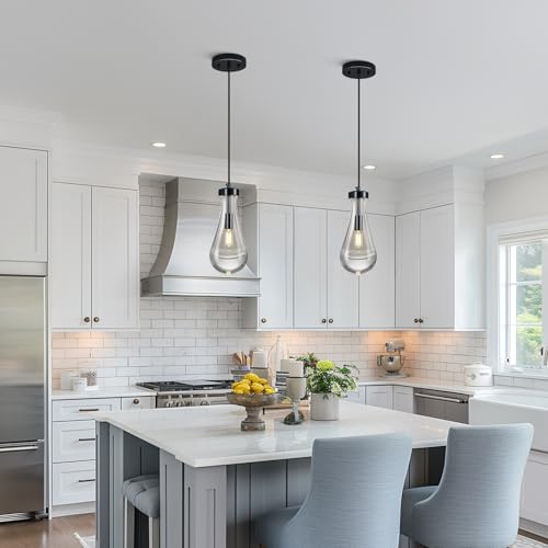 Raindrop Pendant Lights Kitchen Island Teardrop PlatingBlack Hanging Light Fixtures Clear Solid Glass Pendant Light Modern Chandeliers for Dining Room Porch Corridor Living Room (2 Count)