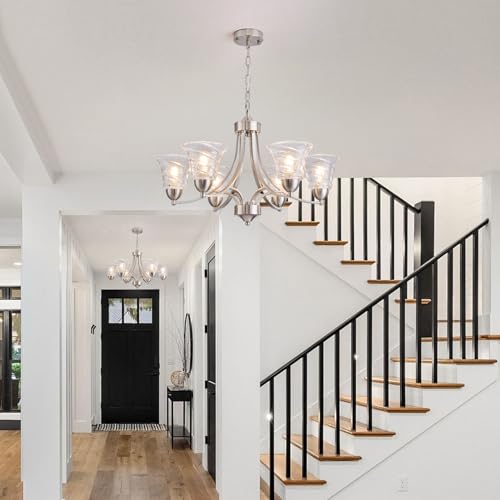 Modern Brushed Nickel Farmhouse Chandelier 6 Light Silver Chandeliers for Dining Room Adjustable Height Hanging Light Fixture with Clear Glass Shade