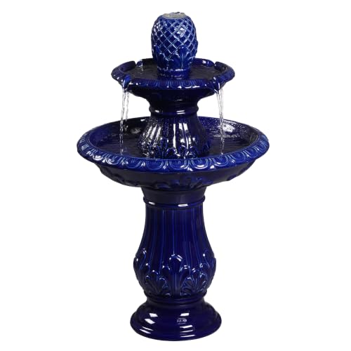 2 Tier Dark Blue Ceramic Pedestal Fountain