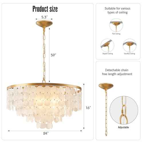 24" Capiz Shell Chandelier, 5 Light Gold Dining Room Light Fixture Modern Coastal Chandeliers for Bedroom Bathroom Kitchen and Foyer(White Seashell Lighting Fixtures)