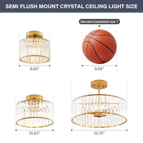 Crystal Gold Semi Flush Ceiling Light 8.66 Inch