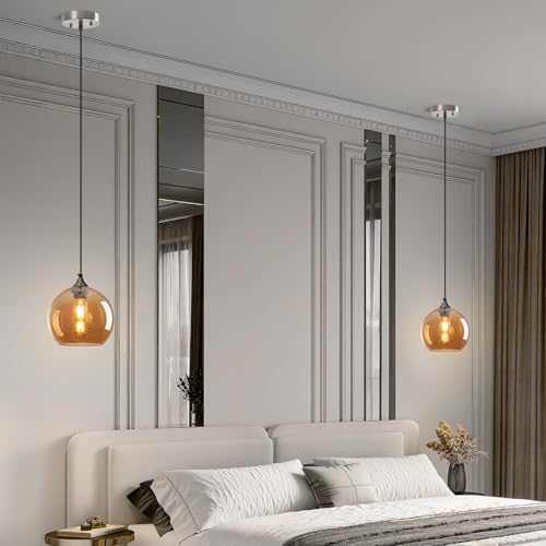 Amber Glass Pendant Lights Kitchen Island Lighting Globe Pendant Light Fixtures Modern Pendant Lighting for Bedroom Living Dining Room Light Fixture (3 Count)