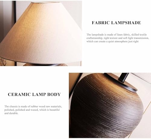 19.6'' Farmhouse Round Ceramic Table Lamp Rustic Retro Desk Lamp Brown Check Body with Off