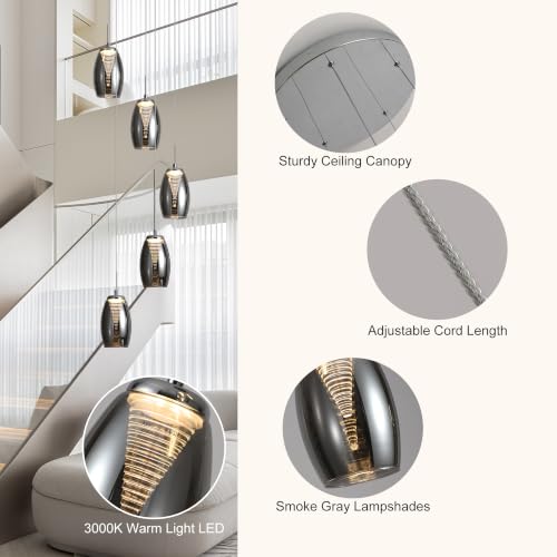 Modern 5 Light LED Staircase Chandelier with Smoke Gray Glass