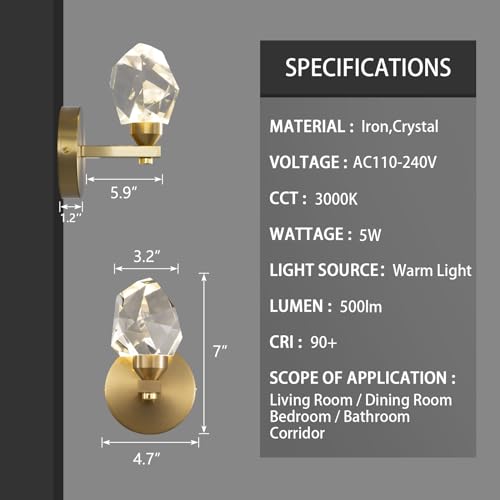 Set of 2 Gold Wall Sconces Modern Crystal Vanity Lighting for Bathroom Bedroom Living Room Entryway Wall Light Hallway Dining Room Lights Wall Mount Lighting Fixture Warm Light (2 Count)
