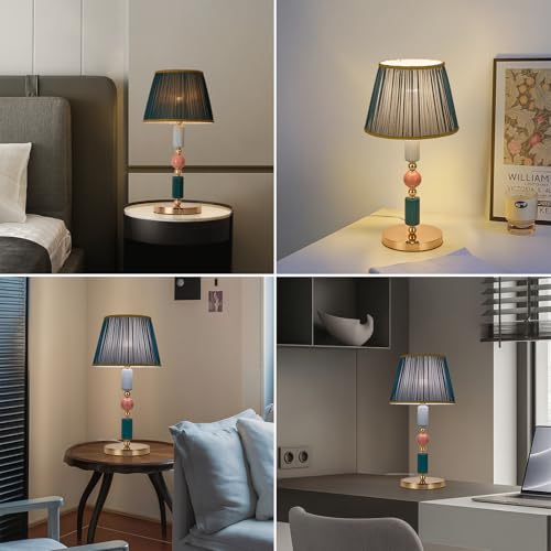 Green Fabric Shade Table Lamp Modern Metal Desk Lamp with Plug Cord Switch for Bedroom Bedside