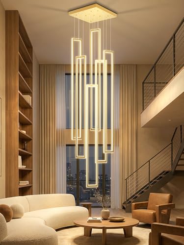 Modern Chandeliers for Entryway High Ceiling Large Rectangle Chandelier LED Dimming Gold Contemporary Chandelier for Staircase Foyer 2700k