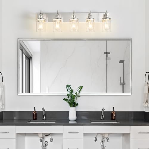 5 Light Brushed Nickel Bathroom Light Fixture Over Mirror Modern Bathroom Vanity Light Vintage Wall Lighting with Clear Glass Shade for Bathroom