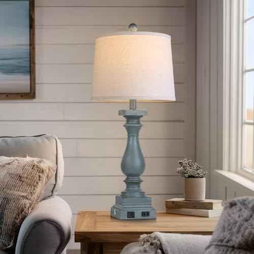 28" Tall Farmhouse Table Lamps Set of 2 with USB C+A Ports and AC Outlet (2 Count)