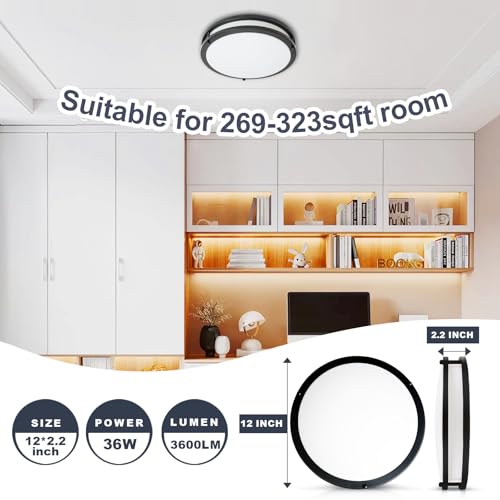 12inch LED Flush Mount Ceiling Light Fixture Dimmable Matte Black (2 Count)
