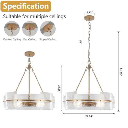 Modern Chandelier for Dining Room, 22" Gold Glass Chandelier, Large Farmhouse Round Chandelier for Dining Room, Foyer, Bedroom, Hallway, Entryway