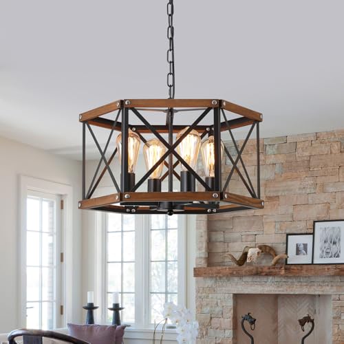 4 Light Large Rustic Farmhouse Wood Pendant Light Fixture with Adjustable Chain