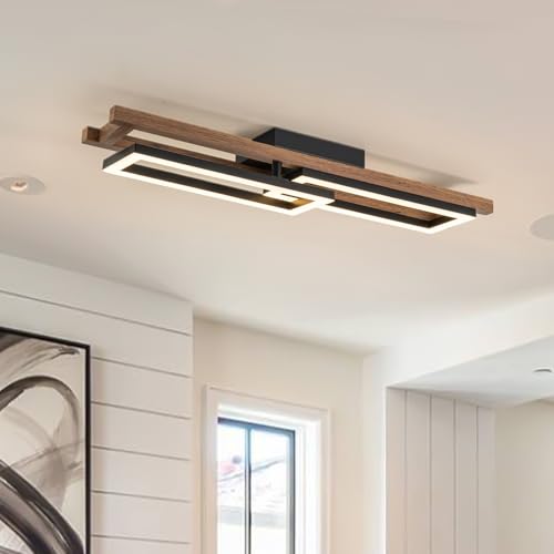27.5" LED Modern Ceiling Lights Wooden Square Rectangular Lamp Fixture Wood