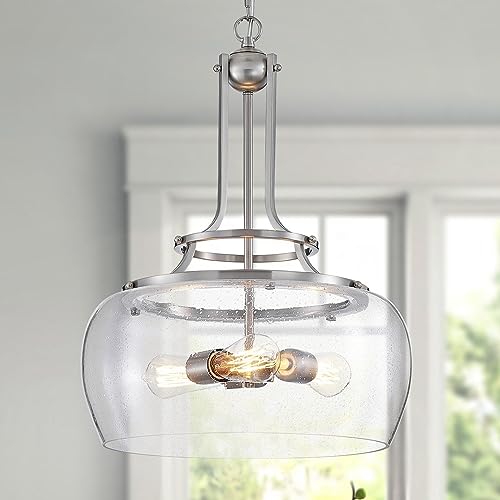 Chandelier Rustic Farmhouse Industrial Round Ceiling Pendant LED Light Fixture Clear Seeded Glass Shade for Dining Room Kitchen Island Foyer Entryway