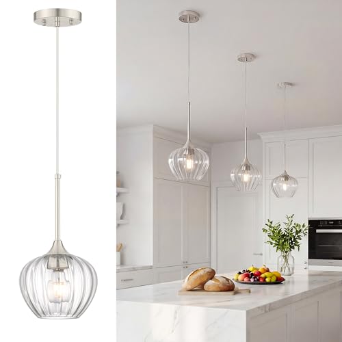 Brushed Nickel Pendant Lights Kitchen Island with Ribbed Glass Shade
