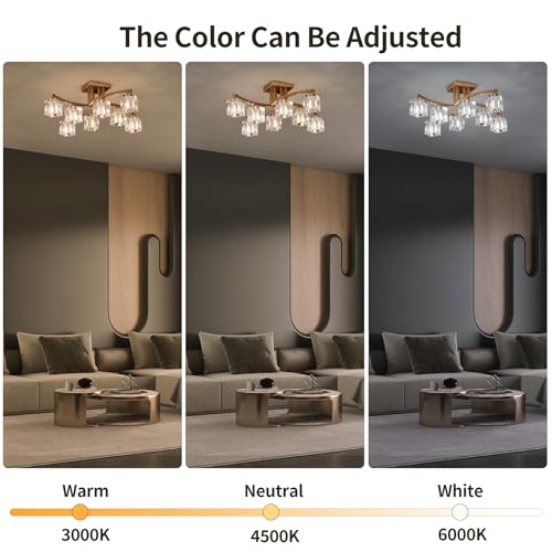 8 Light Modern Sputnik Ceiling Light Fixture Farmhouse Crystal Semi Flush Mount Ceiling Light Gold Chandeliers for Dining Room Living Room Kitchen Island Bedroom Entryway