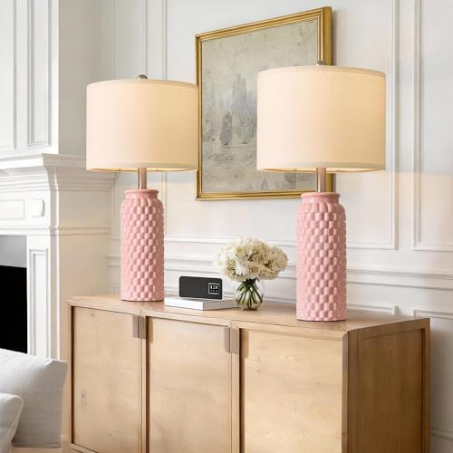 24" Modern Ceramic Pink Bedside Lamp Set of 2 Table Lamp for Bedroom Decor Farmhouse Table Lamp for Living Room Office Dorm (2 Count)