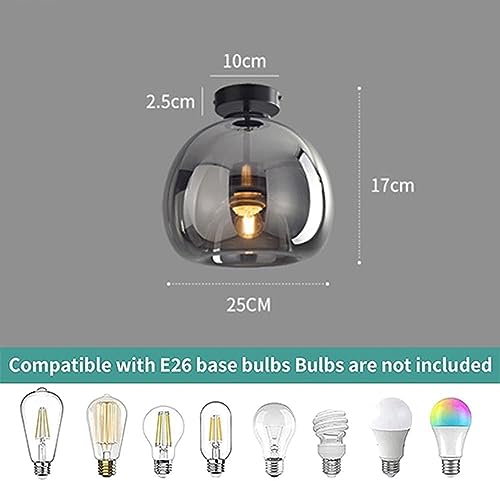 Nordic Mid Century Corridor Globe Semi Flush Mount Ceiling Light Fixture Amber Smoke Grey Glass Ceiling Lighting Simple Mini Ceiling Lamp for Aisle Porch Stairway Closet Kitchen