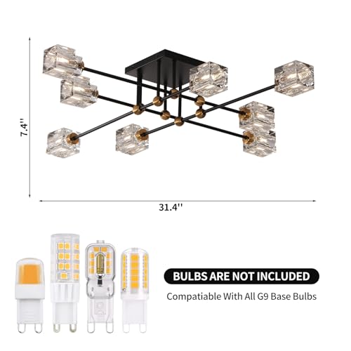 8 Light Crystal Ceiling Light Fixture Semi Flush Mount Ceiling Light Fixture Modern Black and Gold Sputnik Chandeliers for Dining Room Living Room Kitchen Island Hallway Bedroom