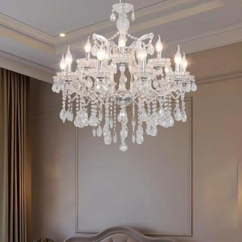 Modern Maria Theresa Chandelier 2 Layers 15 Lights Large Crystal Chandeliers for High Ceiling Dining Room