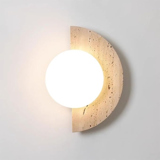 Natural Travertine Stone Wall Sconce, Half Moon LED Wall Light Fixture,Glass Globe and Pull Chain Switch Wall Lamp,Modern Minimalist Lunar Lamp for Bedroom Bedside,Living Room Accent Decor(Two kinds)