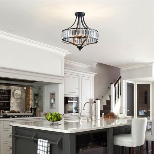 Black Crystal Chandelier Semi Flush Mount Ceiling Light Fixture Round Rustic Farmhouse 4