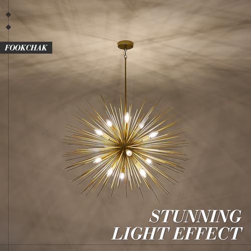 35in Gold Sputnik Chandelier 12 Light Starburst Light Fixture Solid Metal