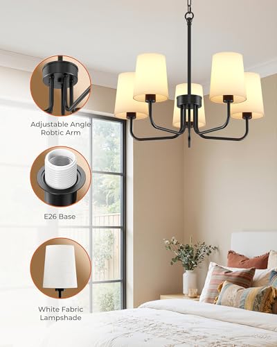 Chandelier, 5-Light Black Farmhouse Chandeliers for Dining Room, Height Adjustable Dining Room Light Fixture with White Fabric Shade, Chandelier for Living Room, Bedroom, Kitchen, Entryway