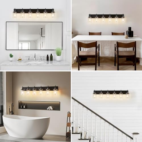 6 Light Black Bathroom Light Fixture Over Mirror Modern Farmhouse Bathroom Vanity Light Vintage Wall Lighting with Clear Glass Shade for Bathroom