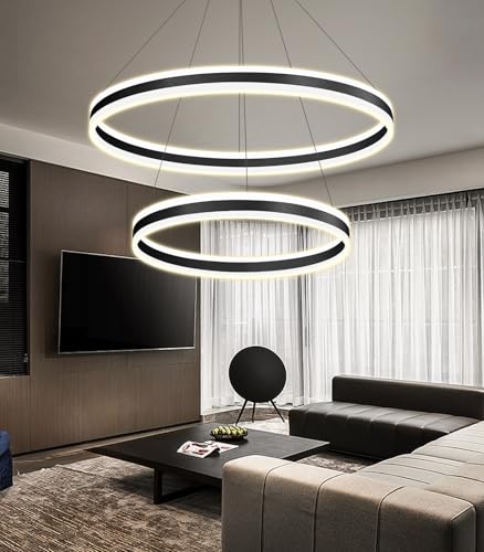 D23.6''+31.5'' Modern Ring Chandelier for Dining Room LED Dimmable Pendant Lighting High Ceiling Chandelier for Living Room Foyer Bedroom Entryway 3000K