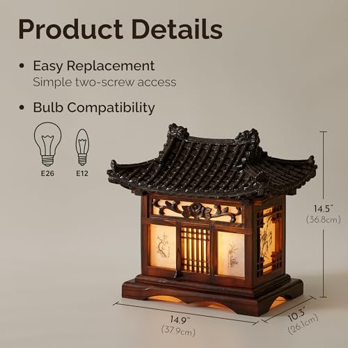 Carved Wood Table Lamp Handmade Traditional Korean House Pavilion Pagoda Design Art Deco Lantern Brown Asian Oriental Bedside Bedroom Lamp Accent Unusual Light