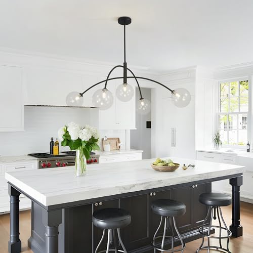 Mid Century Modern Sputnik Chandelier Adjustable 5 Light Pendant Light Fixture Clear Glass Black Ceiling Chandelier for Dining Room Kitchen Bedroom