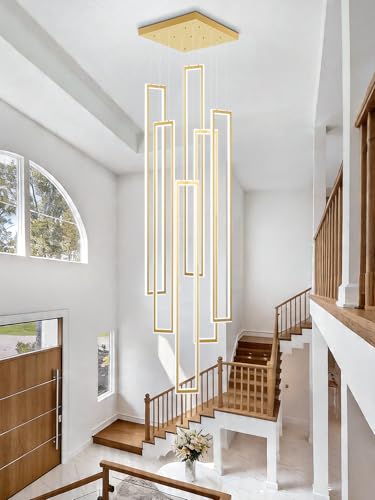 Modern Chandeliers for Entryway High Ceiling Large Rectangle Chandelier LED Dimming Gold Contemporary Chandelier for Staircase Foyer 2700k