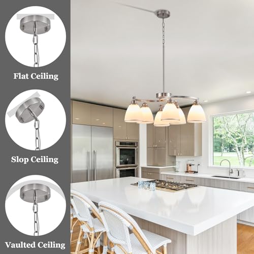 6 Light Brushed Nickel Chandelier Modern Farmhouse Dinner Room Light Fixture with Frosted Glass Lampshade (6 Count)