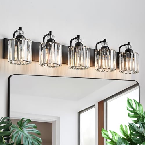 5 Light Black Bathroom Light Fixtures Over Mirror Modern Vanity Lights Crystal Wall Sconce Vintage Bathroom Lighting with Crystal Shade E26 Base for Bedroom