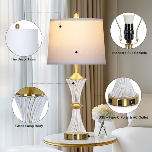 Crystal Glass Table Lamp with USB C+A Ports & AC Outlet